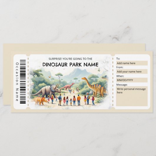 Dinosaur Park Ticket Gift Certificate Template Kaart (Voorkant / Achterkant)