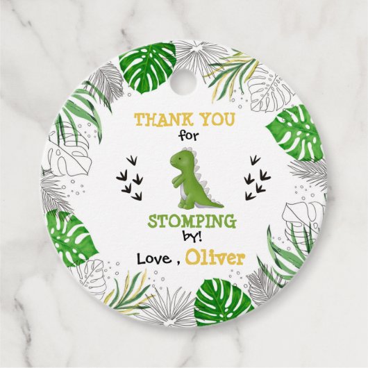 Dinosaur Party Birthday Boy Green Yellow Bedankt Bedankjes Labels (Voorkant)