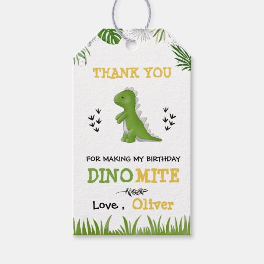 Dinosaur Party Birthday Boy Green Yellow Bedankt Cadeaulabel (Voorkant)