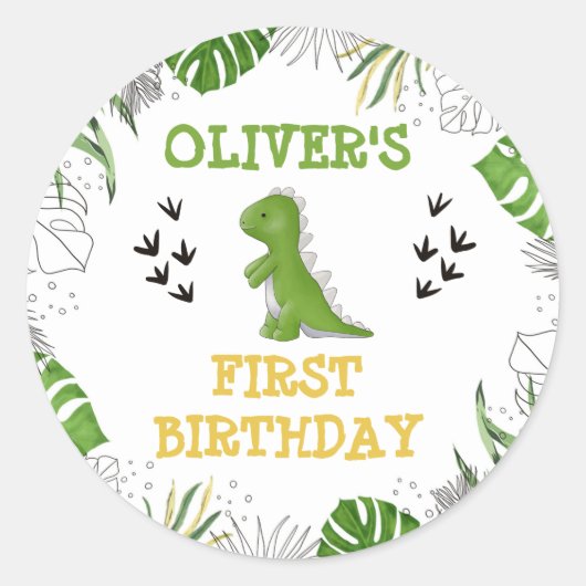 Dinosaur Party Birthday Boy Green Yellow Envelope Ronde Sticker (Voorkant)