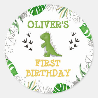 Dinosaur Party Birthday Boy Green Yellow Envelope Ronde Sticker