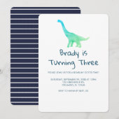 Dinosaur Party Blue Stripe Invitation Kaart (Voorkant / Achterkant)