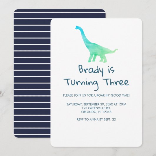 Dinosaur Party Blue Stripe Invitation Kaart (Voorkant / Achterkant)
