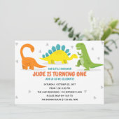 Dinosaur Party First Birthday Boy uitnodiging (Staand voorkant)