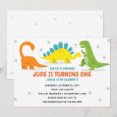 Dinosaur Party First Birthday Boy uitnodiging (Voorkant / Achterkant)