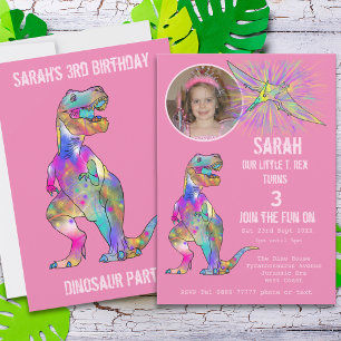 Dinosaur Party Girls 3rd Birthday Foto roze Dino Kaart