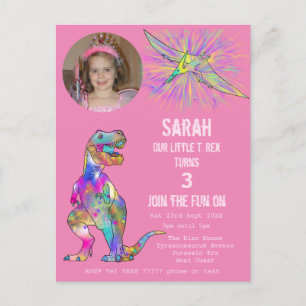 Dinosaur Party Girls 3rd Birthday Foto roze Dino Uitnodiging Briefkaart