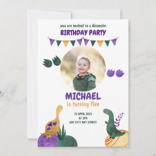 Dinosaur Party Green Paars Dinomite Boy Birthday Kaart
