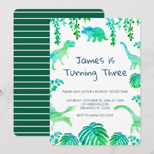 Dinosaur Party Groene Botanische Uitnodiging (Voorkant / Achterkant)