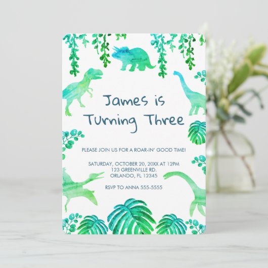 Dinosaur Party Groene Botanische Uitnodiging (Staand voorkant)