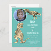Dinosaur Party T Rex Boys 2e verjaardag Blauwgroen Uitnodiging Briefkaart (Voorkant / Achterkant)