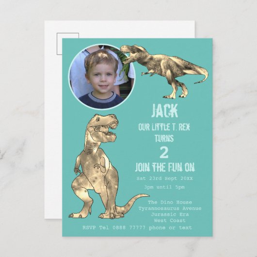 Dinosaur Party T Rex Boys 2e verjaardag Blauwgroen Uitnodiging Briefkaart (Voorkant / Achterkant)