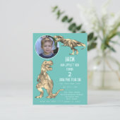 Dinosaur Party T Rex Boys 2e verjaardag Blauwgroen Uitnodiging Briefkaart (Staand voorkant)