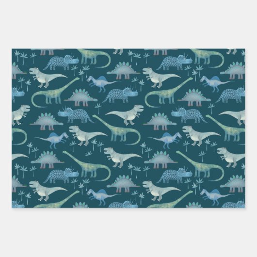 Dinosaur Pattern Blauwgroen Inpakpapier Vel (Voorkant)