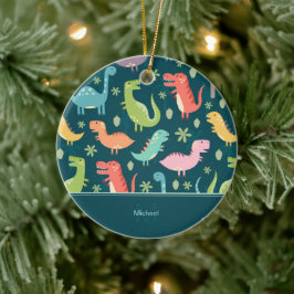 Dinosaur Pattern Blue Kind Monogram Boy Kerstmis Keramisch Ornament