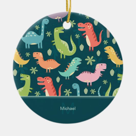 Dinosaur Pattern Blue Kind Monogram Boy Kerstmis Keramisch Ornament (Voorkant)