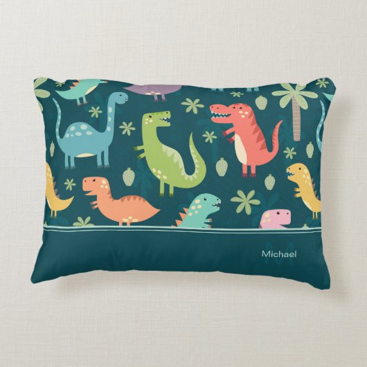 Dinosaur Pattern Blue Monogrammed Kind Boy Accent Kussen (Achterkant)