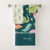 Dinosaur Pattern Blue Monogrammed Kind Boy Bathroo Bad Handdoek (Insitu)