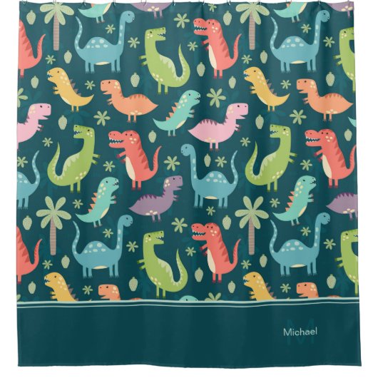 Dinosaur Pattern Blue Monogrammed Kind Boy Bathroo Douchegordijn (Voorkant)