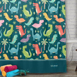 Dinosaur Pattern Blue Monogrammed Kind Boy Bathroo Douchegordijn