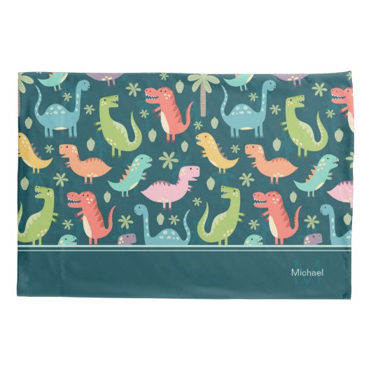 Dinosaur Pattern Blue Monogrammed Kind Boy Kussensloop (Achterkant)