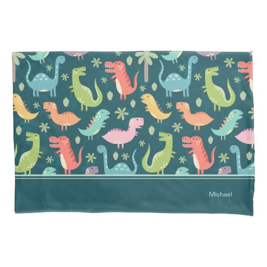 Dinosaur Pattern Blue Monogrammed Kind Boy Kussensloop (Voorkant)