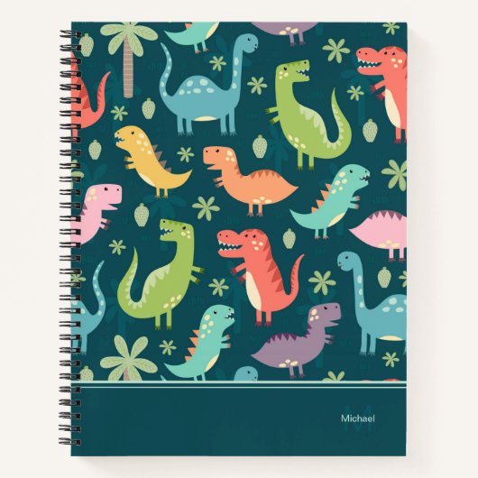 Dinosaur Pattern Blue Monogrammed Kind Boy Notitieboek (Voorkant)