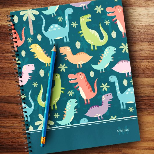 Dinosaur Pattern Blue Monogrammed Kind Boy Notitieboek