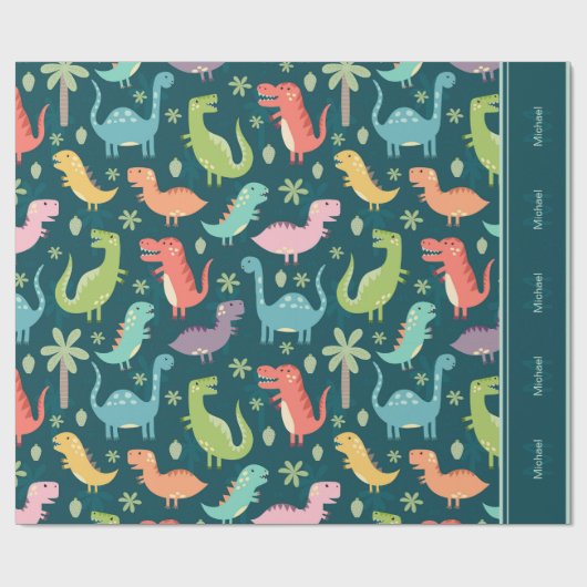 Dinosaur Pattern Blue Monogrammed Kind Boy Party Cadeaupapier (Vlak)