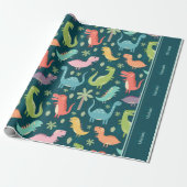 Dinosaur Pattern Blue Monogrammed Kind Boy Party Cadeaupapier (Uitgerold)