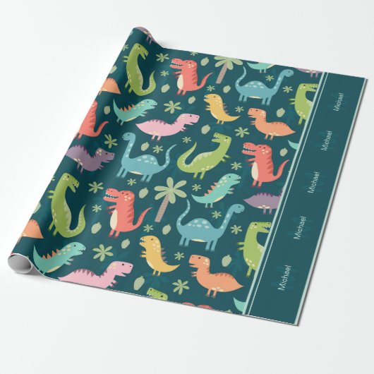 Dinosaur Pattern Blue Monogrammed Kind Boy Party Cadeaupapier (Uitgerold)