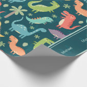 Dinosaur Pattern Blue Monogrammed Kind Boy Party Cadeaupapier (Hoek)