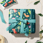 Dinosaur Pattern Blue Monogrammed Kind Boy Party Cadeaupapier