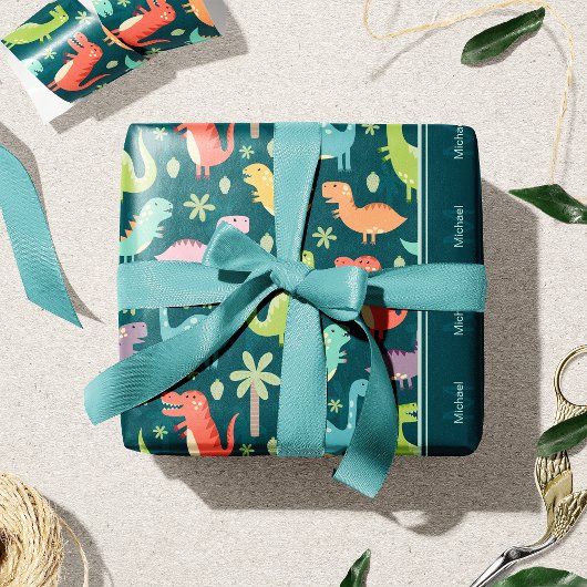 Dinosaur Pattern Blue Monogrammed Kind Boy Party Cadeaupapier