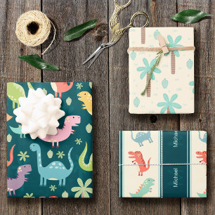 Dinosaur Pattern Blue Monogrammed Kind Boy Party Inpakpapier Vel