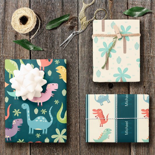 Dinosaur Pattern Blue Monogrammed Kind Boy Party Inpakpapier Vel