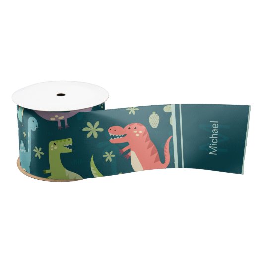 Dinosaur Pattern Blue Monogrammed Kind Boy Party Satijnen Lint (Spoel)