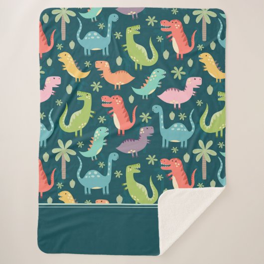Dinosaur Pattern Blue Monogrammed Kind Boy Sherpa Deken (Voorkant)