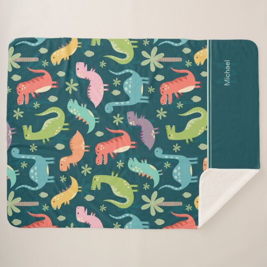 Dinosaur Pattern Blue Monogrammed Kind Boy Sherpa Deken (Voorkant (horizontaal))