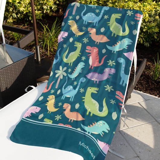 Dinosaur Pattern Blue Monogrammed Kind Boy Strandlaken