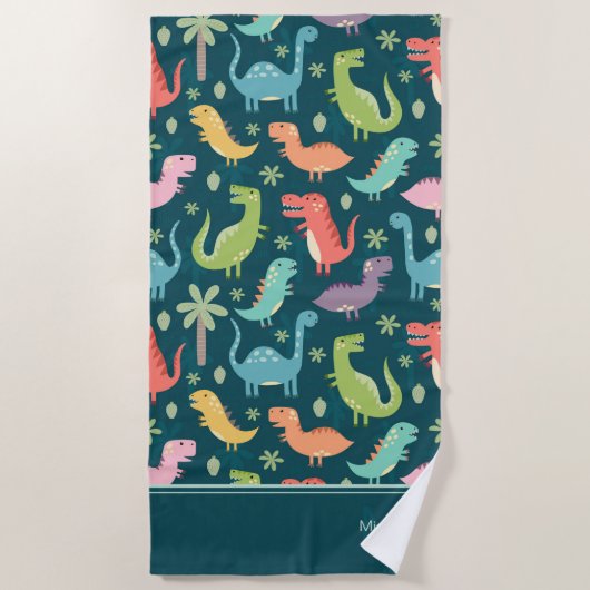 Dinosaur Pattern Blue Monogrammed Kind Boy Strandlaken (Voorkant)