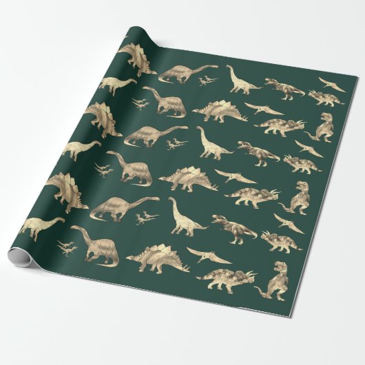 Dinosaur Pattern Green Cadeaupapier (Uitgerold)