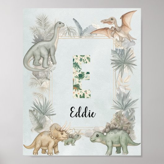 Dinosaur Personalized Name Monogram E Nursery Poster (Voorkant)