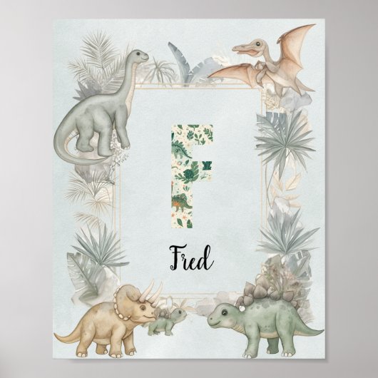 Dinosaur Personalized Name Monogram F Nursery Poster (Voorkant)