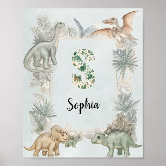 Dinosaur Personalized Name Monogram S Nursery Poster (Voorkant)