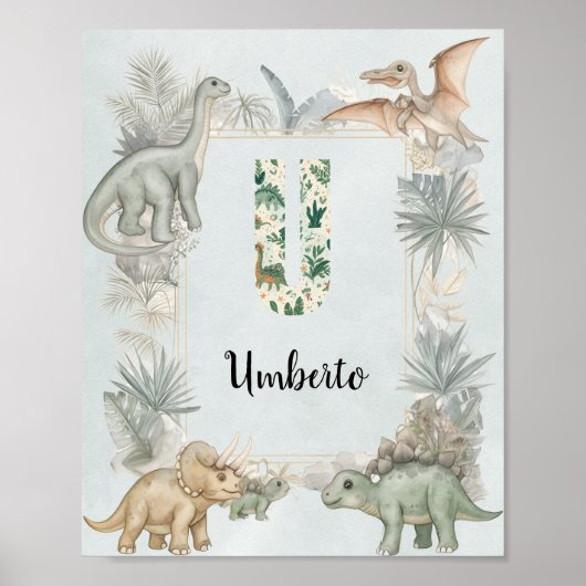 Dinosaur Personalized Name Monogram U Nursery Poster (Voorkant)