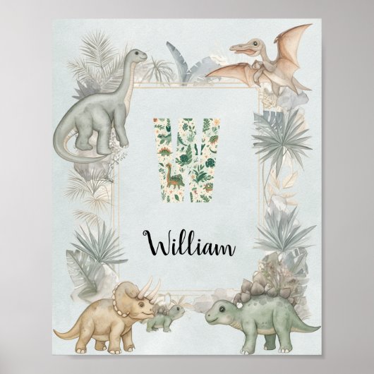 Dinosaur Personalized Name Monogram W Nursery Poster (Voorkant)
