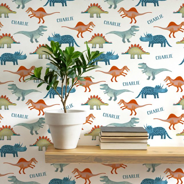 Dinosaur Persoonlijke benaming Behang (Fun unique personalized dinosaur wallpaper with child's name for kid's room and nursery)
