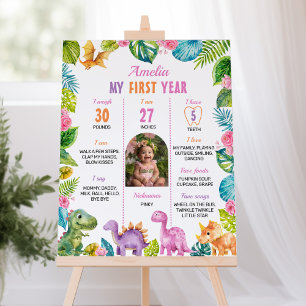 Dinosaur Photo Girl 1st Birthday Milestone Sign Poster