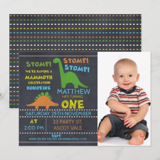 Dinosaur Photo Krijtbord 1e Verjaardag Uitnodiging (Voorkant / Achterkant)